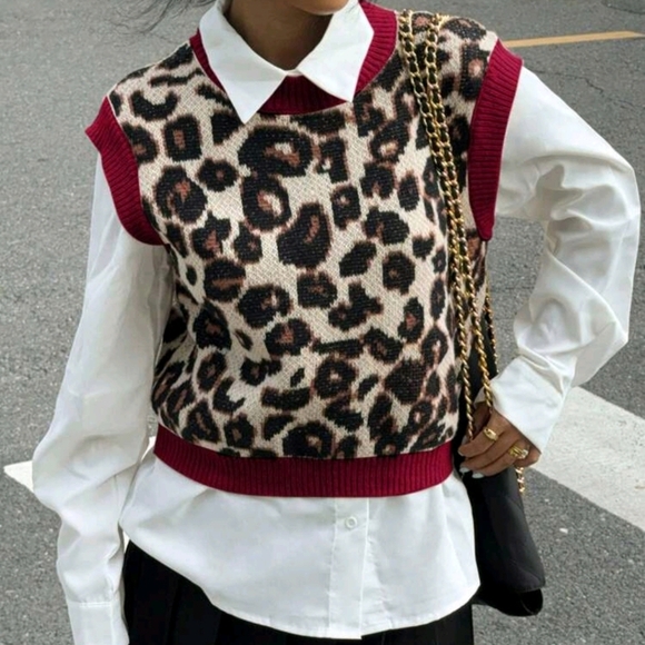 Women Casual Leopard Pattern Contrast Trim Loose Knit Sweater Vest - Picture 5 of 5